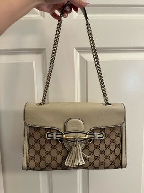 Gucci Emily GG Monogram Beige Canvas Shoulder Bag with Tassel